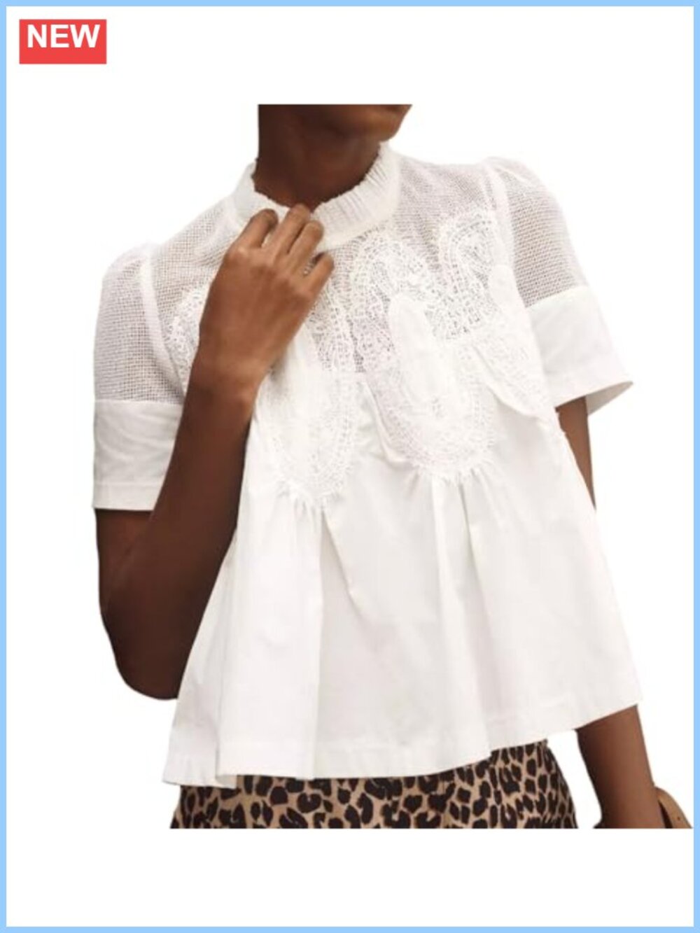 Lace-Detail Flared Blouse Short-Sleeve Crew Neck Poplin Mesh Swing Top